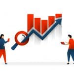 Illustration of a man and woman looking at her SEO data increases on a red bar graph | seo consulting services | seo for therapists