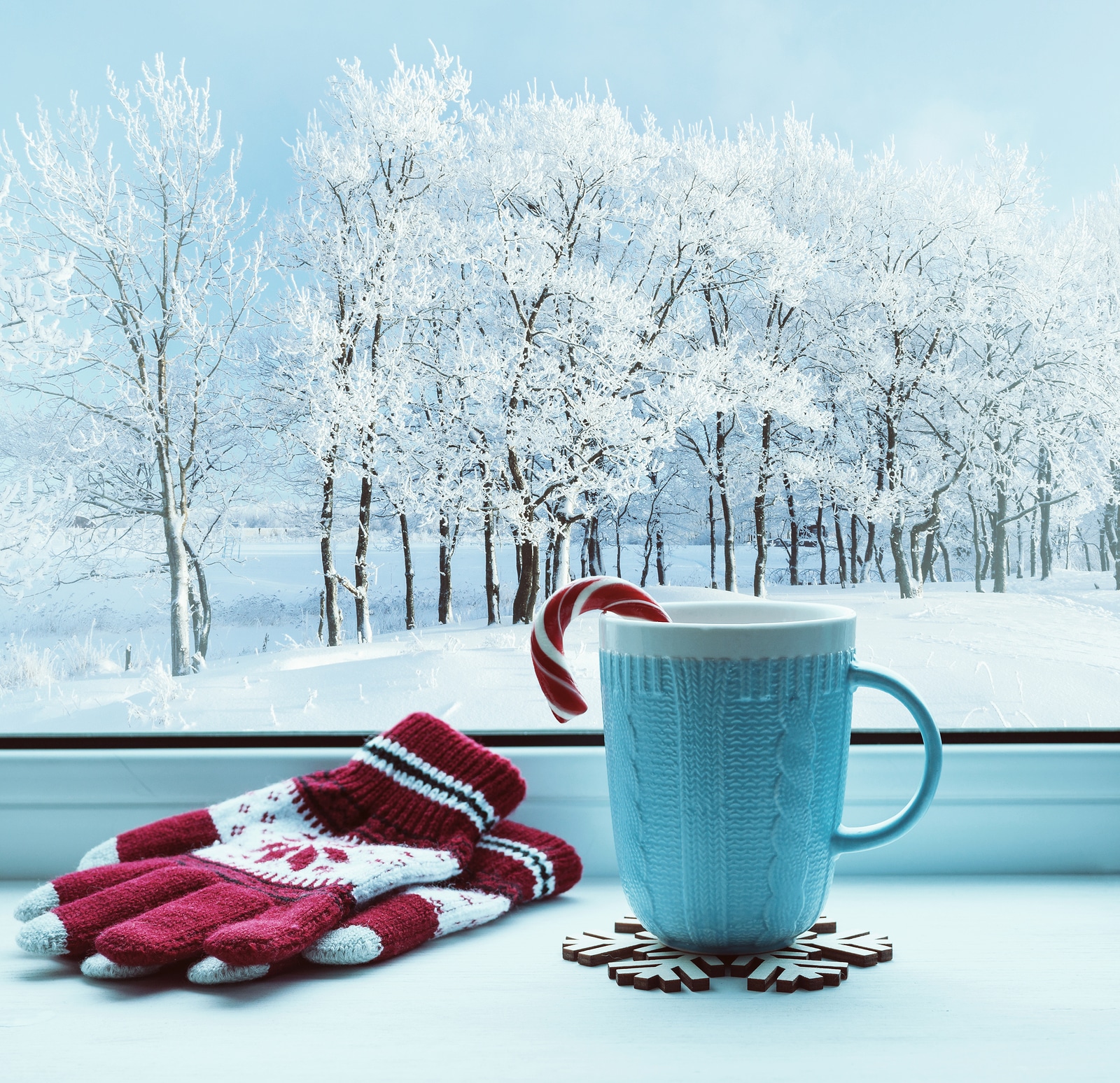A snowy scene with a cup of cocoa and mittens to represent the slow holiday season many therapists and small business owners see. Focusing on learning search engine optimization can be a great way to use the slow time this winter!