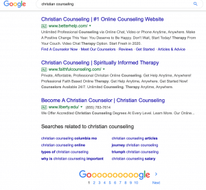Example of using Google for keyword research for a private practice website for a Christian Therapist interested in digital marketing.