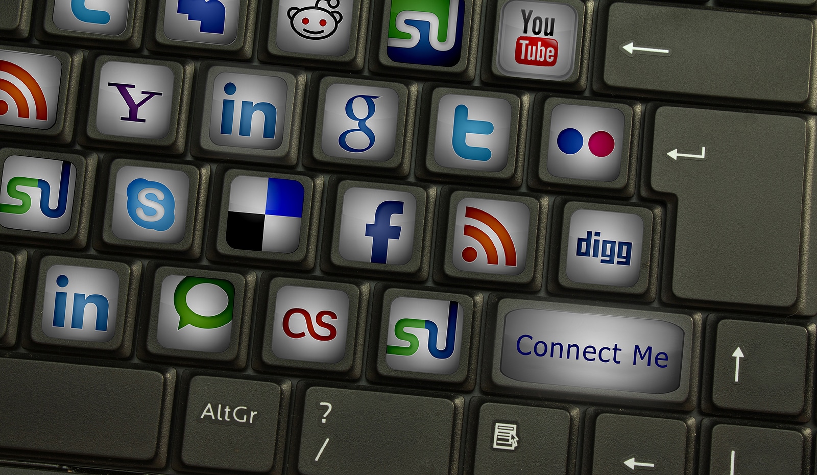 A keyboard with different social media platforms on each key for Simplified SEO Consulting. Contact us for support with SEO marketing for therapists, Learn how social media and SEO can help your site grow!