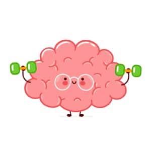 A cartoon brain holds dumbbells. This demonstrates concepts of doing your own website optimization. Training options with Simplified can help you to boost SEO. 