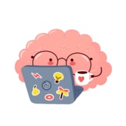 Image of a cartoon brain drinking coffee and working on a laptop. This photo could represent how an SEO Specialist for counselors can help improve google rankings for private practice therapists. 65202 | 65201