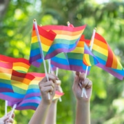 An image of multiple hands holding up pride flags. This image represents how an SEO specialist for therapists can help someone searching "SEO for therapists" to make their website more inclusive.