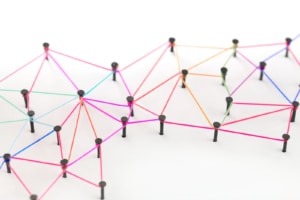 An array of pins are connected by multicolored string. This could represent the connections made through off page optimization. Learn more about on page and off page SEO, and our off page SEO checklist.