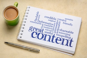 great content writing word cloud in a art sketchbook with a cup of coffee - business writing and content marketing concept