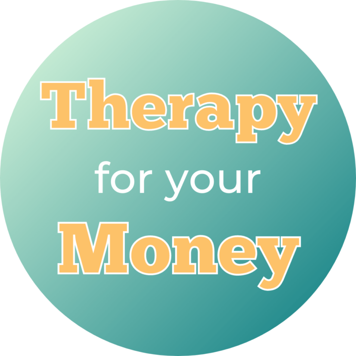 Teal circle with orange writing: "Therapy for your Money" Podcast logo featuring Jessica Tappana as SEO expert for therapist websites