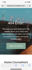 Screen Shot of the 404 Redirect Page for errors on Aspire Counseling's Private Practice Website