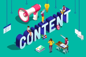 Graphic of the word "content" and cartoon figures creating content around it. This photo represents the value of content on private practice websites.