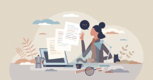 Illustration of a person copywriting on a computer. Including an "about the author" section can help SEO for therapists. This is part of what we suggest including them in blogs when doing SEO for private practices. Contact us today to learn more about therapist SEO.