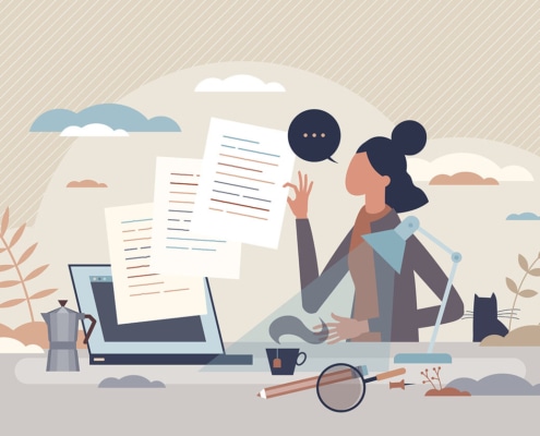 Illustration of a person copywriting on a computer. Including an "about the author" section can help SEO for therapists. This is part of what we suggest including them in blogs when doing SEO for private practices. Contact us today to learn more about therapist SEO.