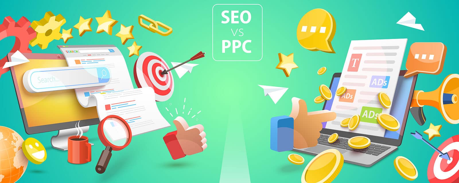 Cartoon Picture of SEO vs. PPC ads with various tools shown. If your are just beginning your SEO journey, understanding the differences organic SEO and PPC is key. Let Simplified SEO Consulting help you!
