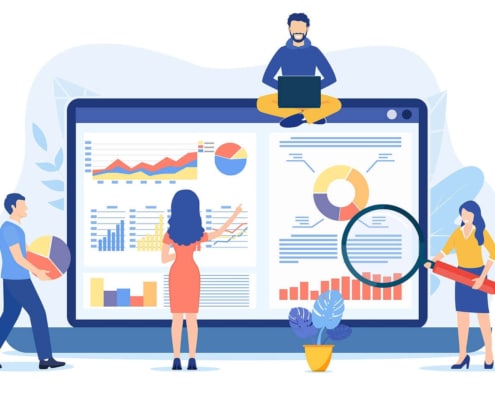 A graphic of people sitting on a giant laptop with analytics on the screen. Represents how tracking your data can help you find ways to boost your SEO