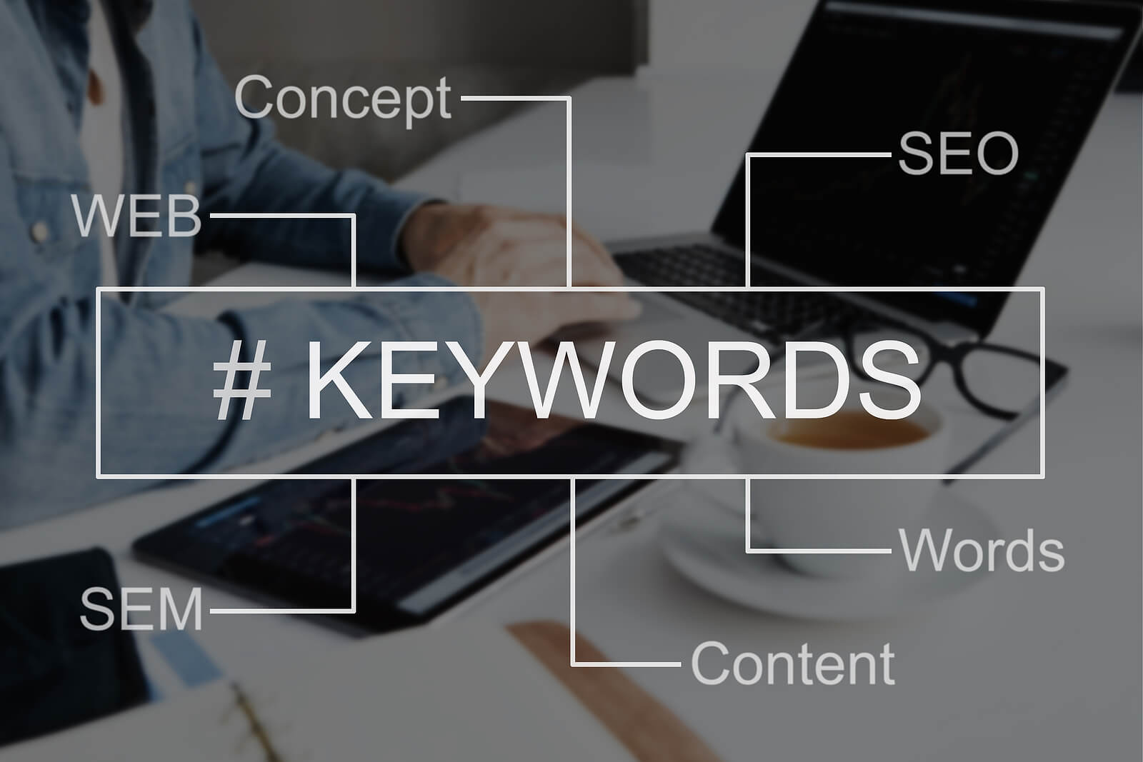 A graphic with keywords written in front of a person writing on a laptop. Want to learn about SEO strategy for the healthcare industry? Our services can help teach you about SEO in healthcare.