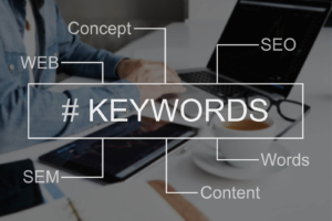 Photo of a desk with the word "keywords" in the middle and related words around representing the importance of keyword research in working on SEO