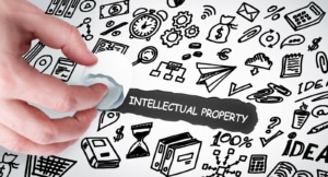 Shows the words "Intellectual property" with designs around it. Represents how blogs are covered by intellectual property law.