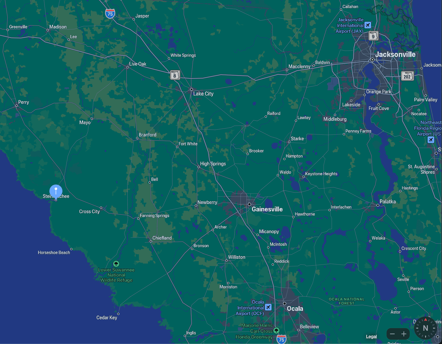 Map of Florida, featuring Steinhatchee, FL