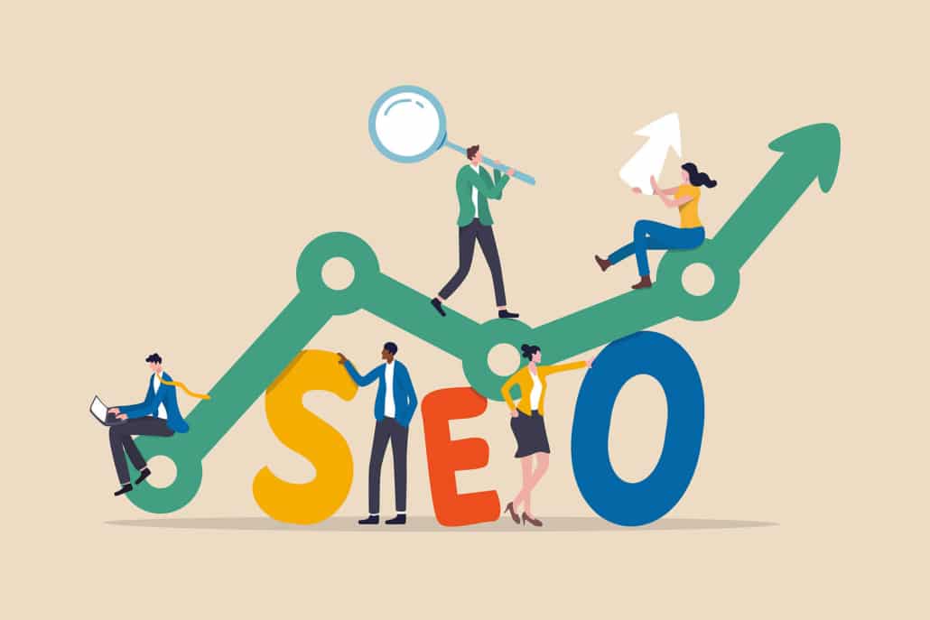 Photo of a cartoon with characters climbing on the letters SEO. Discover what page depth is and how it might be affecting your SEO.