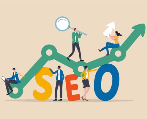 Photo of a cartoon with characters climbing on the letters SEO. Discover what page depth is and how it might be affecting your SEO.