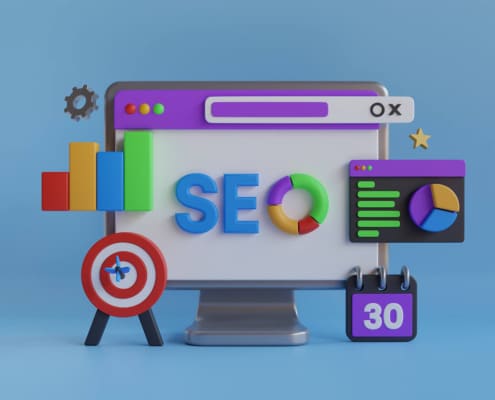 Computer screen with SEO graphics surrounding it representing the positive SEO growth that can come with being a content area expert in you field.