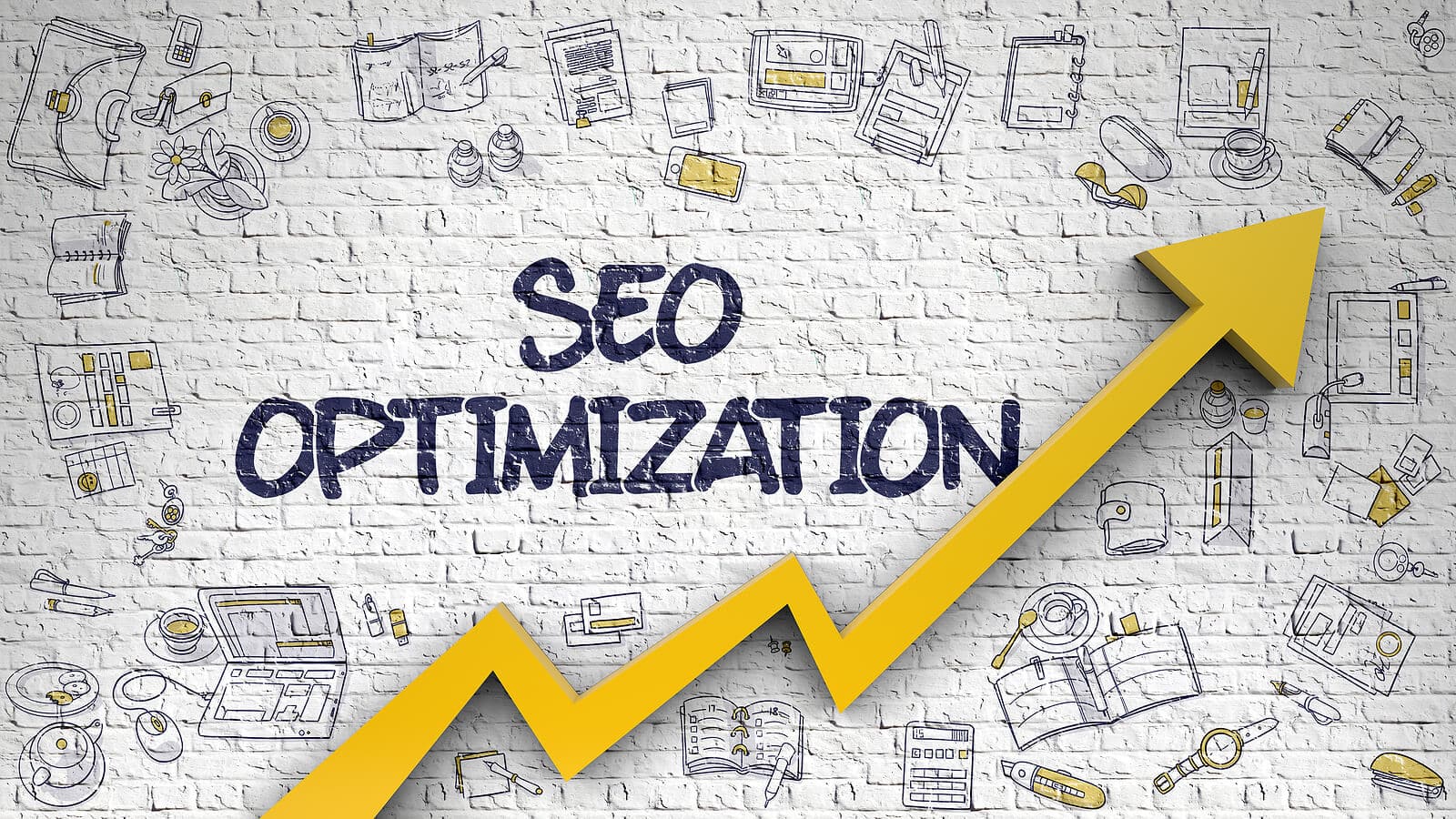 The words SEO optimization on a white brick wall with an arrow going up. Want to improve your healthcare SEO and grow your business? Our specialists can help you understand SEO in healthcare and utilize it. 