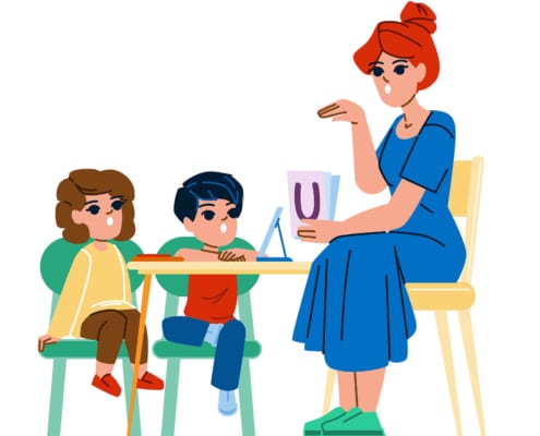 Cartoon photo of a speech therapist working with two children who have speech delays in her successful private practice.