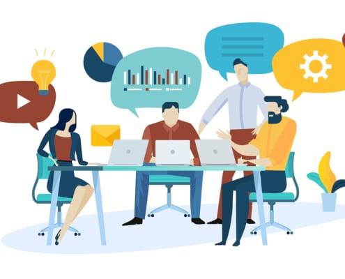 A vector of people sitting at a desk and talking about site analytics. Learn how to improve SEO for psychotherapists and how create good SEO for therapists.