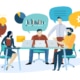 A vector of people sitting at a desk and talking about site analytics. Learn how to improve SEO for psychotherapists and how create good SEO for therapists.