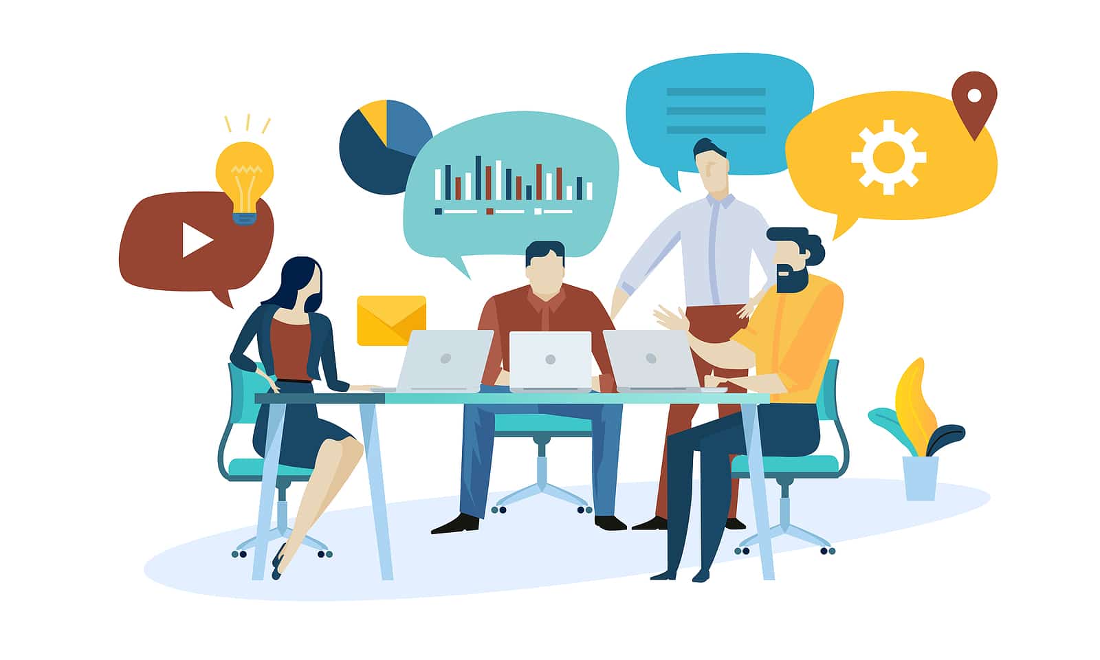 A group of cartoon people sitting at a desk and talking about improving their website. Learn how to create an effective online therapy website with help from our team of SEO specialists. Use these SEO tools for your business today!