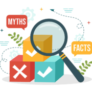 Color blocks with myths vs facts & a magnifying glass. Let's go over the myths & facts surrounding SEO for law firms. Grow your law firm by using our SEO techniques!