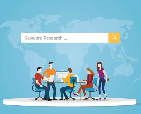 A search bar with Keyword Research and small icon people at desk. Keyword research is crucial to grow your personal injury law firm. Discover more keyword research & SEO techniques here.