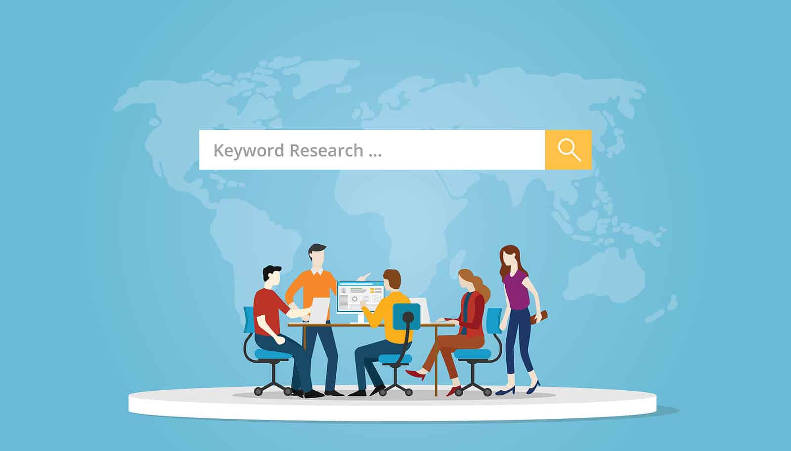 A search bar with Keyword Research and small icon people at desk. Keyword research is crucial to grow your personal injury law firm. Discover more keyword research & SEO techniques here.