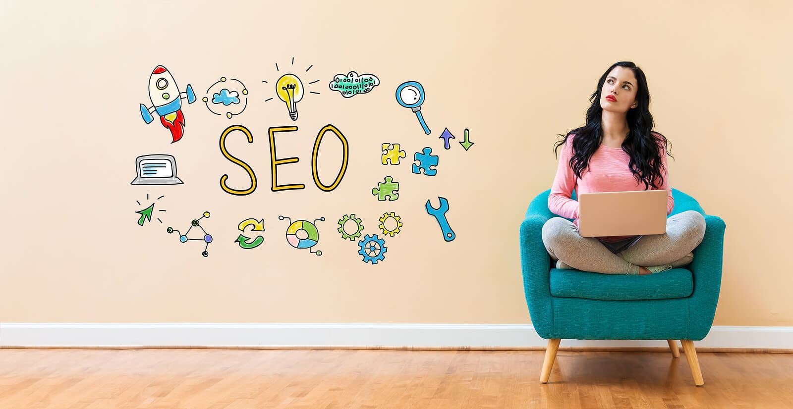 A woman looks up thinking about the words SEO next to her. Looking to understand SEO for medical practices? Our services can help you improve your healthcare SEO. Contact us today!