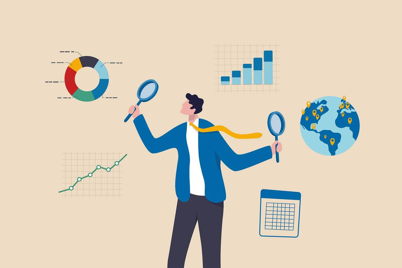 Cartoon of a man with magnifying glasses with different charts around him. Looking to understand SEO basics? Our team of SEO specialists can help teach you about SEO tools today!