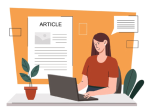 A woman icon sits at a desk and writes a blog about online therapy. Did you know that you can advertise your therapy practice with SEO services? Learn more SEO techniques here!