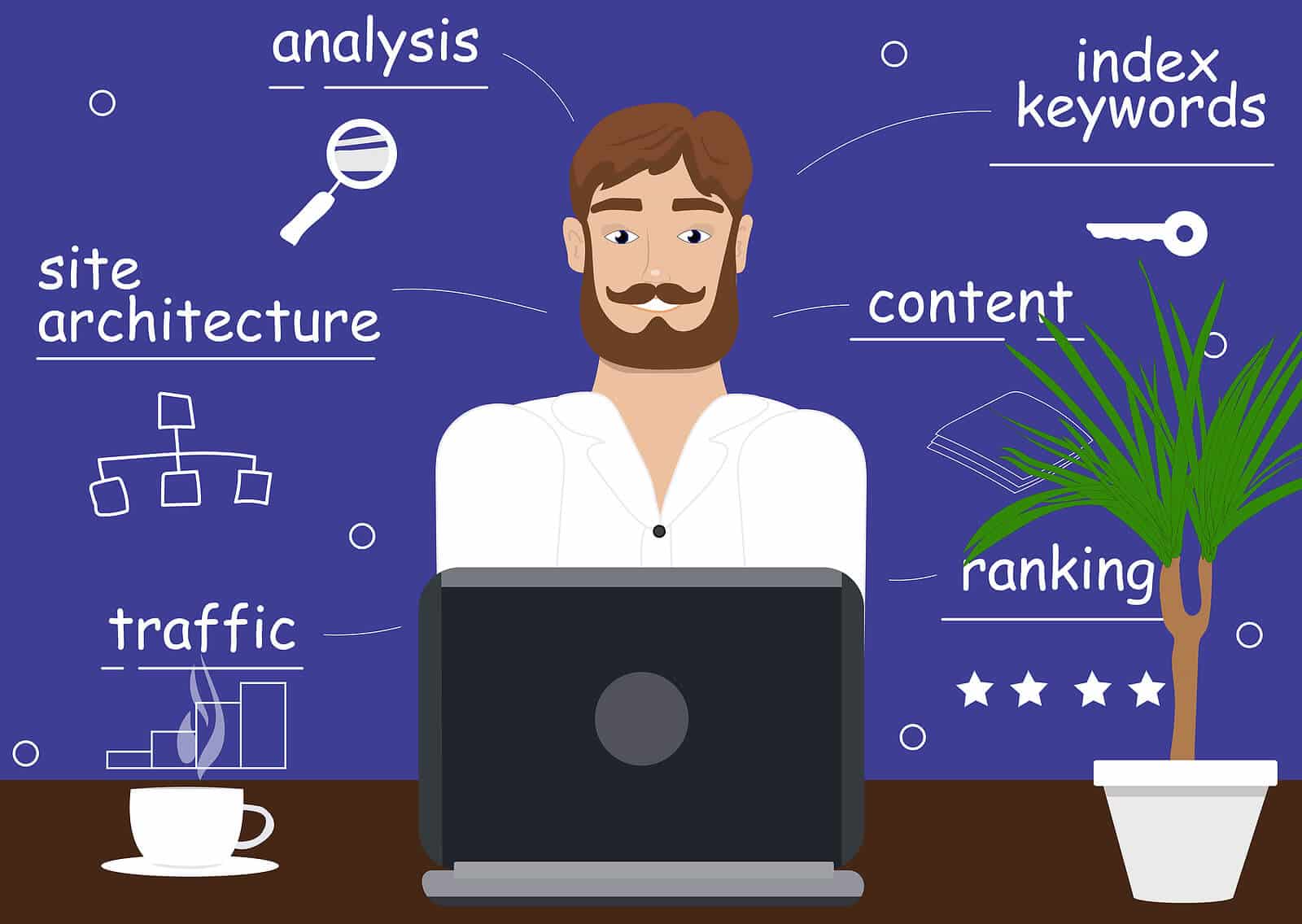 A cartoon man sits at his laptop and works on improving different aspects of his SEO. Looking to understand some helpful SEO tips for therapists? Our team of SEO specialists can help you capitalize on your online therapy website today!