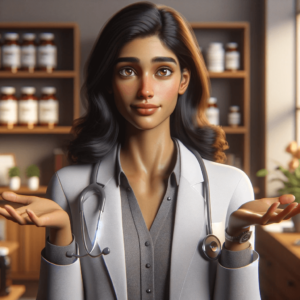 Shows a functional medicine doctor shrugging her shoulders. Represents how healthcare seo agency and local seo for doctors can be a mystery to doctors.