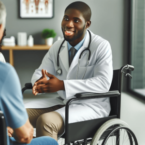 Shows a doctor talking with patients who found him due to local seo for doctors. Represents how a marketing agency for doctors can support gaining clients for doctors.