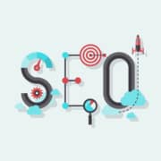 Flat design modern vector illustration concept of SEO word combined from elements and icons which symbolized a success internet searching optimization process. Isolated on stylish colored background