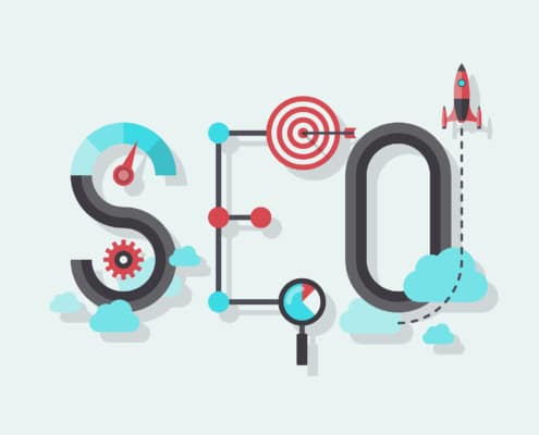 Flat design modern vector illustration concept of SEO word combined from elements and icons which symbolized a success internet searching optimization process. Isolated on stylish colored background