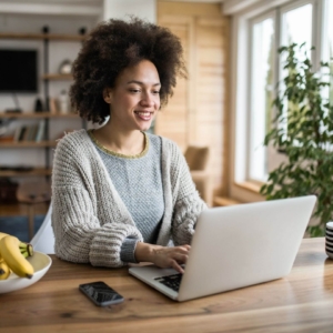 Shows a woman therapist smiling and typing on her laptop as she uses free copywriting ai tools. Represents how seo for online counseling and private practice seo can be implemented with or without using AI writing tools.