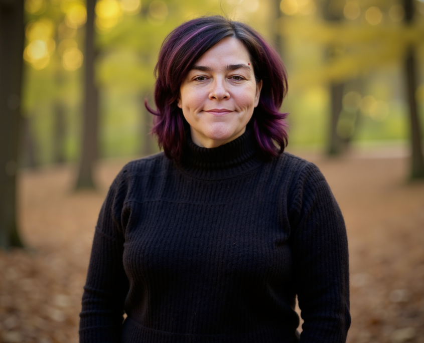 Mary Walker, owner of Simplified SEO Consulting stand in a tree lined area as leaves litter the ground.