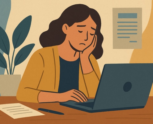 Illustrated woman looking stressed at her laptop, symbolizing therapists overwhelmed by website writing—highlighting the need for copywriting services and copywriting and SEO support.