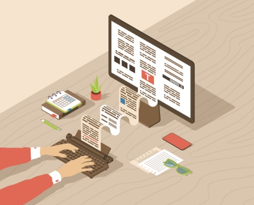 A copywriting illustration of someone typing on an old keyboard. Representing how Simplified SEO Consulting writes content that speaks to your ideal client. Get started with our copywriting for therapists services today!