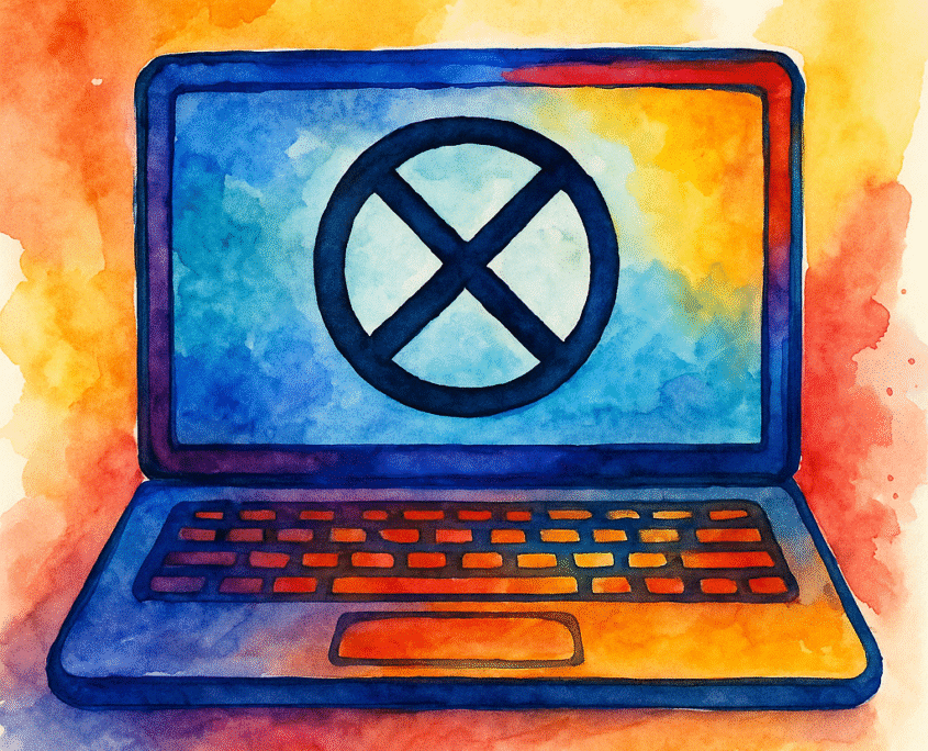 Watercolor illustration of a laptop showing a large zero with a line through it on the screen – Zero-Click Strategy, Search Engine Optimization – Austin, TX