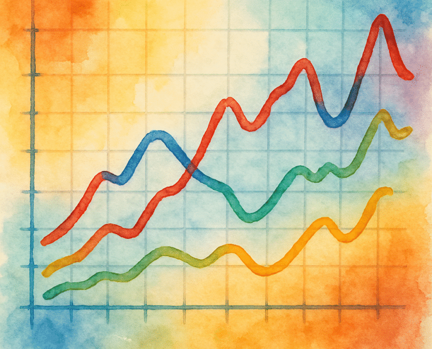 Colorful watercolor graph with four curving data lines on a grid background representing the metrics you would follow to measure SEO clicks and impressions.