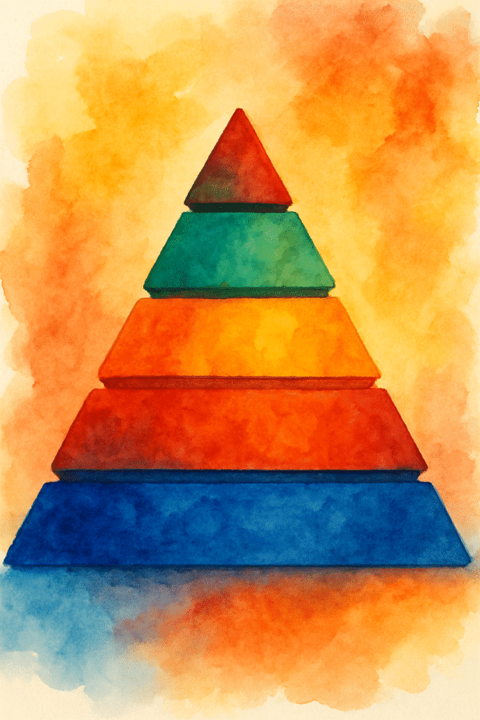 Watercolor painting of a five-layer pyramid with vibrant bold colors fading upward representing entity SEO.