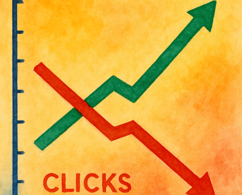 Watercolor graph showing green rankings line going up and red clicks line going down representing rankings trending upward while clicks trend downward.