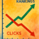 Watercolor graph showing green rankings line going up and red clicks line going down representing rankings trending upward while clicks trend downward.
