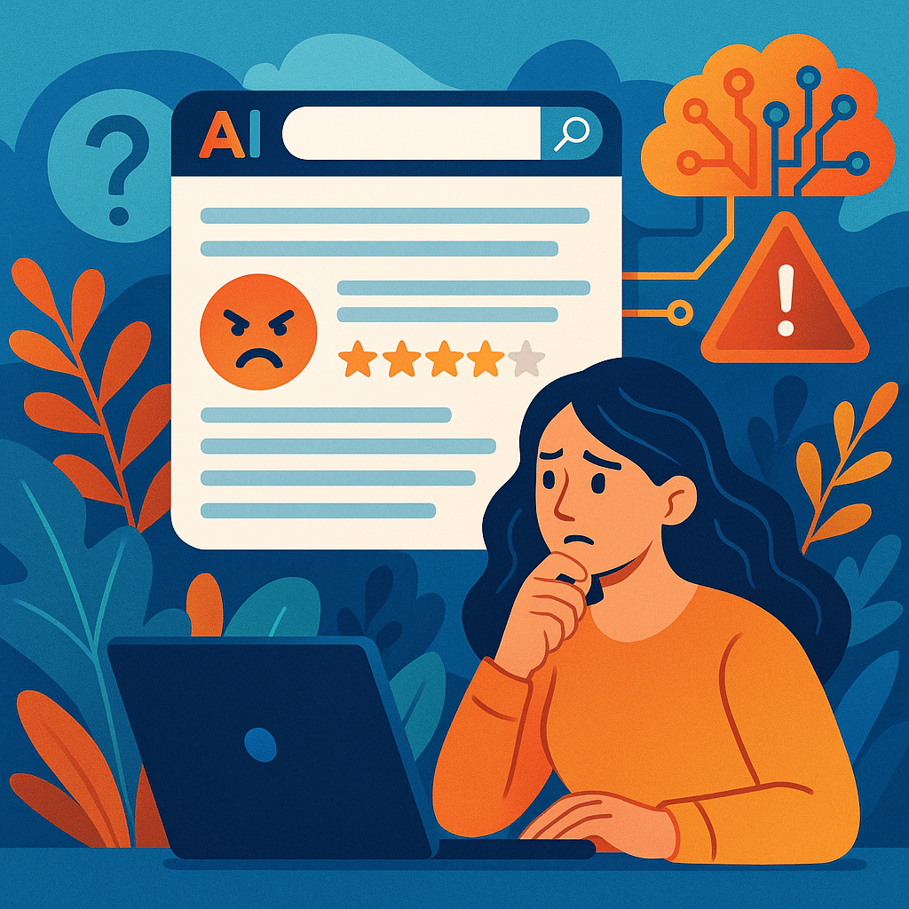 Woman on laptop reviewing AI-generated search results with misattributed reviews – AI reputation management, online reviews – Tampa, FL