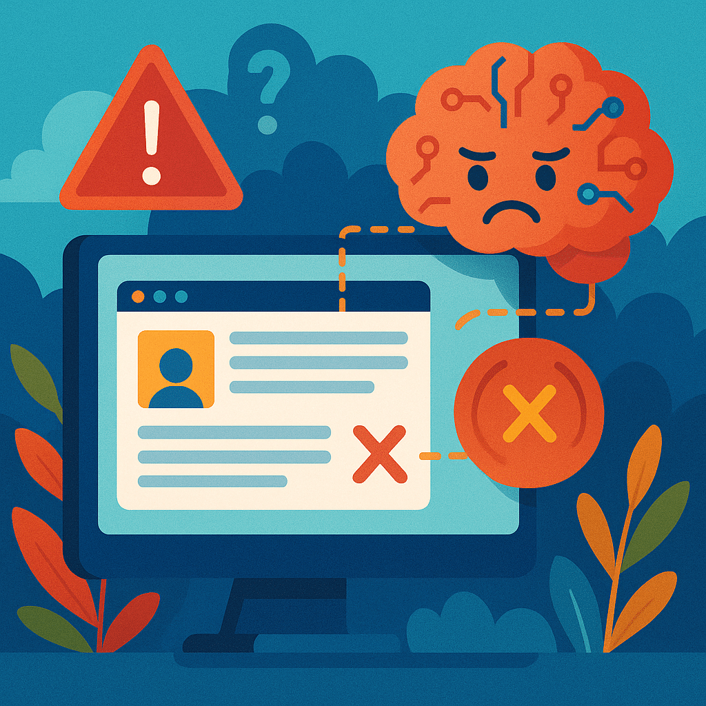 Computer screen showing AI misinformation with warning signs and a distressed AI brain – AI search errors, reputation management – Austin, TX